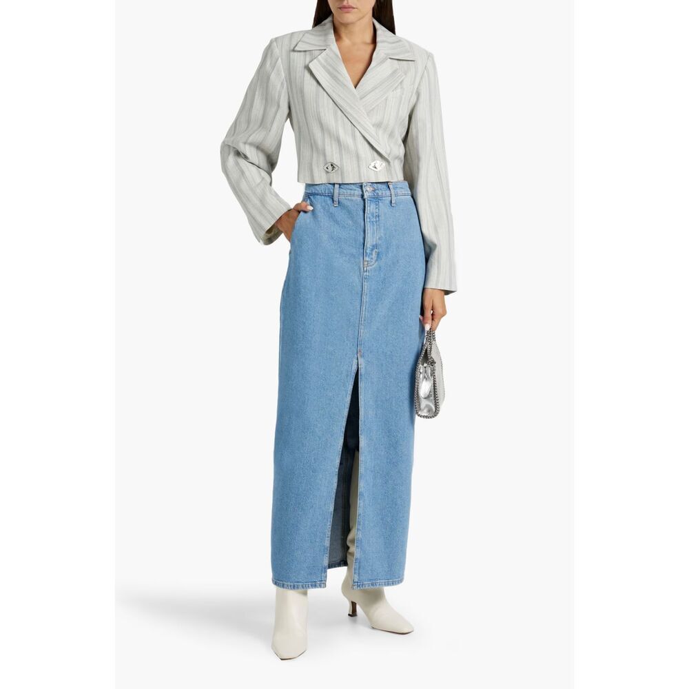 Light Wash Denim Maxi Skirt Front Slit High Rise Jean Skirt